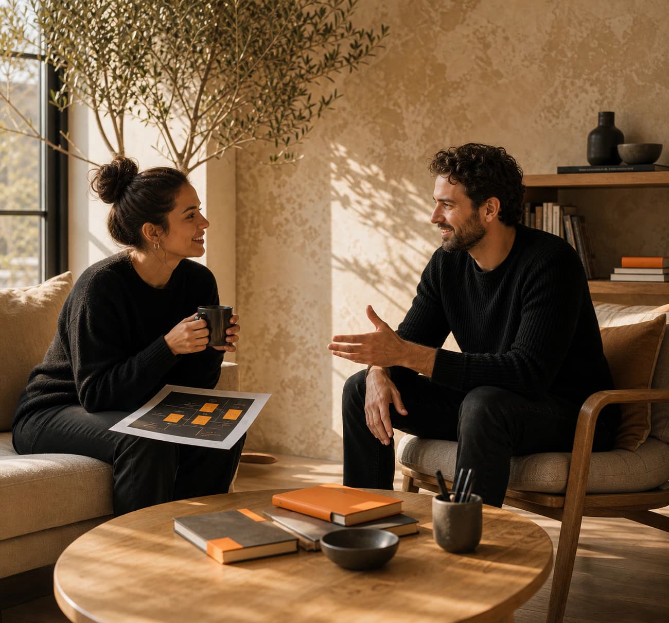 Two people discussing workflow questions in a warm studio lounge