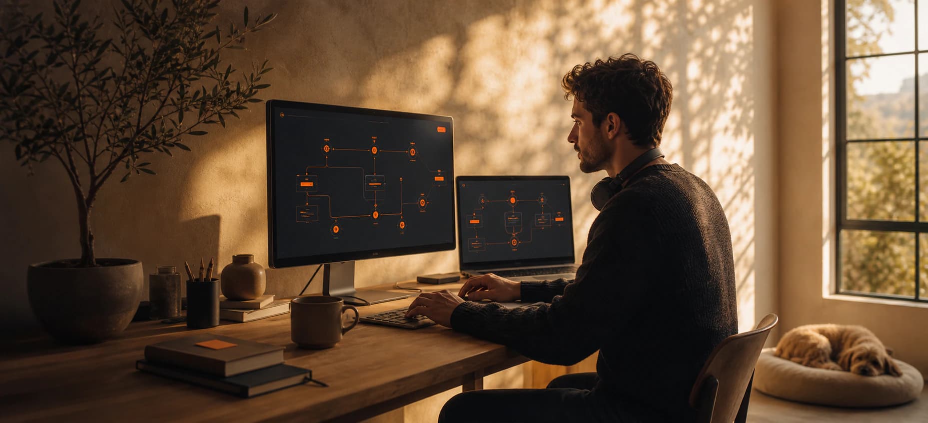 Builder working beside a tall window with dark workflow dashboards and orange nodes
