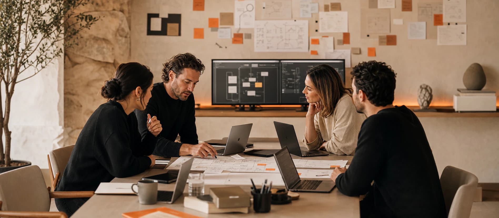 Refig team mapping a workflow in a warm studio with laptops and planning boards
