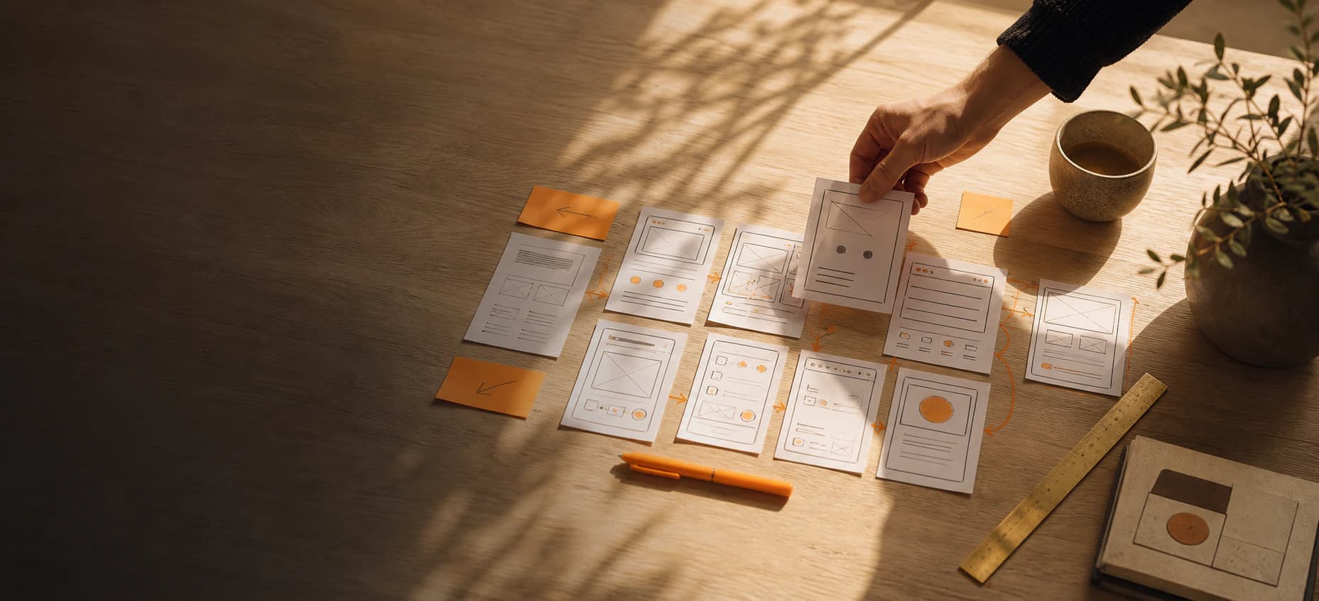 Sunlit oak tabletop with interface wireframes, orange notes, and workflow cards