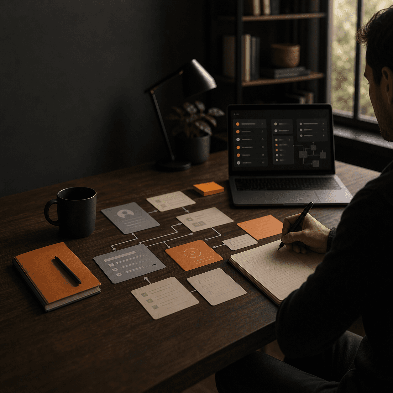 Generate a vertical image for an AI analysis report: operator desk, workflow cards, agent status panel, premium dark studio lighting.
