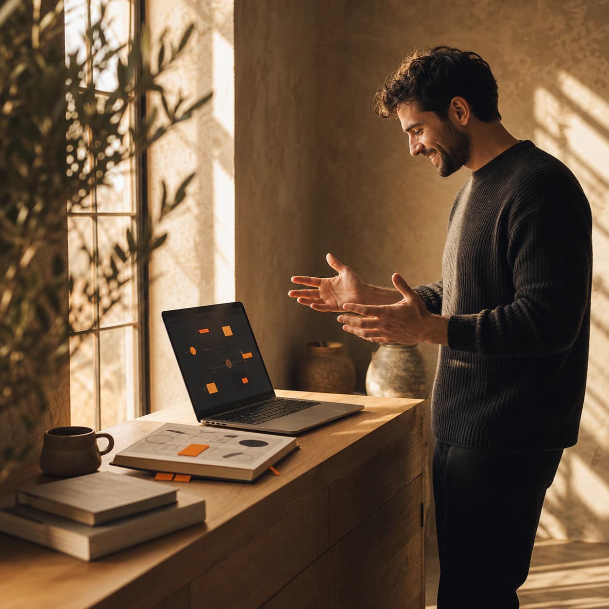 Person on a video call beside a sunlit window and laptop