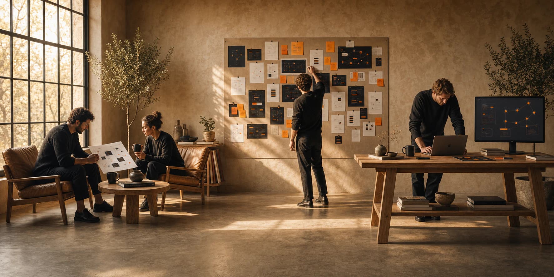 Warm studio panorama showing workflow review, planning, and build zones